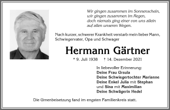 Traueranzeige von Hermann Gärtner von Allgäuer Zeitung, Kaufbeuren/Buchloe