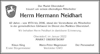 Traueranzeige von Hermann Neidhart von Allgäuer Anzeigeblatt