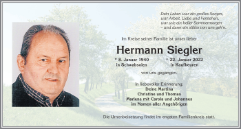 Traueranzeige von Hermann Siegler von Allgäuer Zeitung, Kaufbeuren/Buchloe