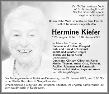 Traueranzeige von Hermine Kiefer von Allgäuer Zeitung, Kaufbeuren/Buchloe