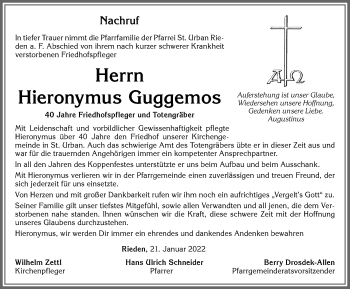 Traueranzeige von Hieronymus Guggemos von Allgäuer Zeitung, Füssen
