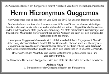 Traueranzeige von Hieronymus Guggemos von Allgäuer Zeitung, Füssen