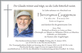 Traueranzeige von Hieronymus Guggemos von Allgäuer Zeitung, Füssen