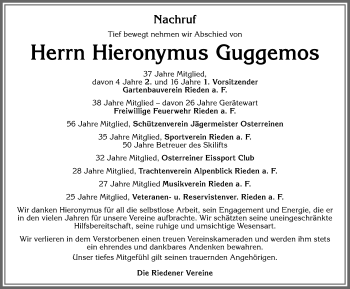 Traueranzeige von Hieronymus Guggemos von Allgäuer Zeitung, Füssen