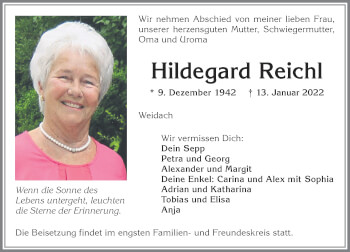 Traueranzeige von Hildegard Reichl von Allgäuer Zeitung,Kempten