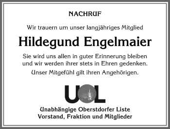 Traueranzeige von Hildegund Engelmaier von Allgäuer Anzeigeblatt