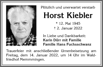 Traueranzeige von Horst Kiebler von Memminger Zeitung