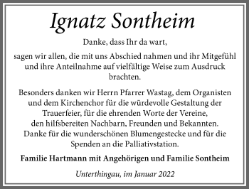 Traueranzeige von Ignatz Sontheim von Allgäuer Zeitung, Marktoberdorf