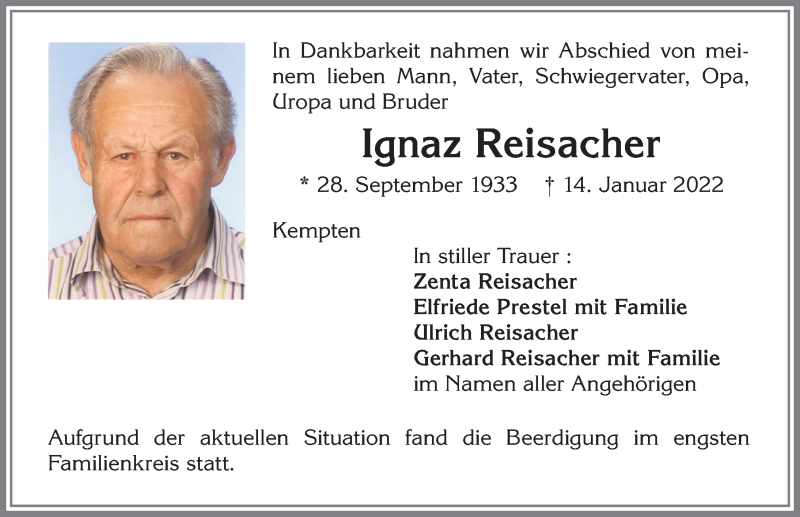  Traueranzeige für Ignaz Reisacher vom 22.01.2022 aus Allgäuer Zeitung,Kempten