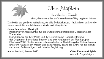 Traueranzeige von Ilse Nüßlein von Allgäuer Zeitung, Marktoberdorf
