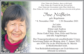 Traueranzeige von Ilse Nüßlein von Allgäuer Zeitung, Marktoberdorf