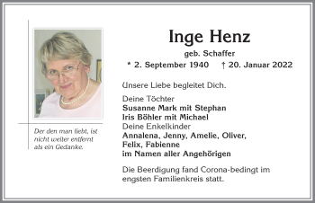 Traueranzeige von Inge Henz von Memminger Zeitung