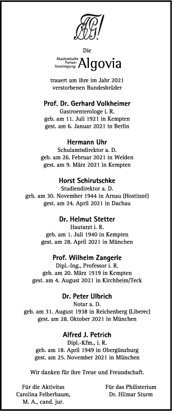 Traueranzeige von In Gedenken Bundesbürger Algovia von Allgäuer Zeitung,Kempten