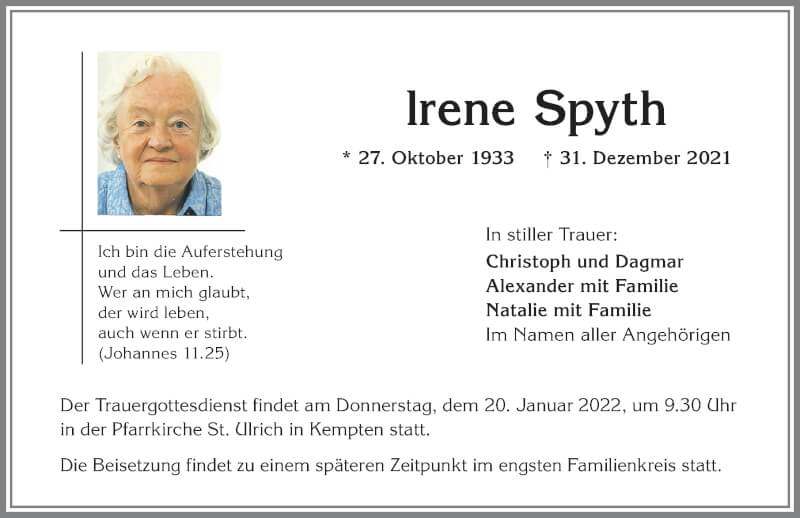  Traueranzeige für Irene Spyth vom 15.01.2022 aus Allgäuer Zeitung,Kempten