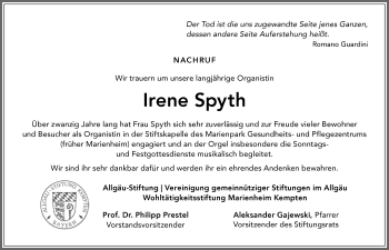 Traueranzeige von Irene Spyth von Allgäuer Zeitung,Kempten