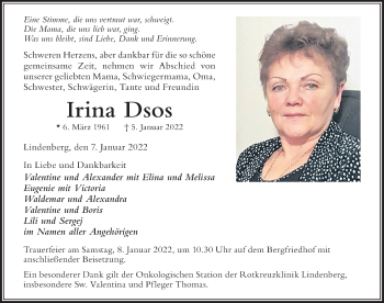 Traueranzeige von Irina Dsos von Der Westallgäuer