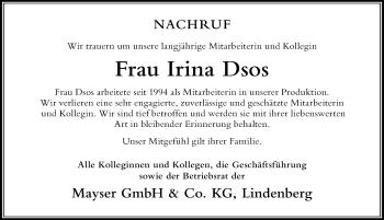 Traueranzeige von Irina Dsos von Der Westallgäuer