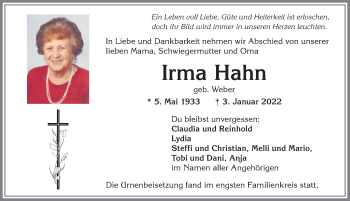 Traueranzeige von Irma Hahn von Allgäuer Zeitung, Kaufbeuren/Buchloe