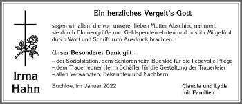 Traueranzeige von Irma Hahn von Allgäuer Zeitung, Kaufbeuren/Buchloe