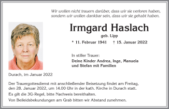 Traueranzeige von Irmgard Haslach von Allgäuer Zeitung,Kempten