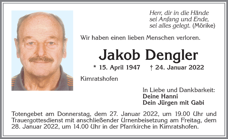  Traueranzeige für Jakob Dengler vom 26.01.2022 aus Allgäuer Zeitung,Kempten