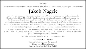 Traueranzeige von Jakob Nägele von Allgäuer Zeitung