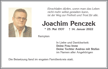 Traueranzeige von Joachim Penczek von Allgäuer Zeitung,Kempten
