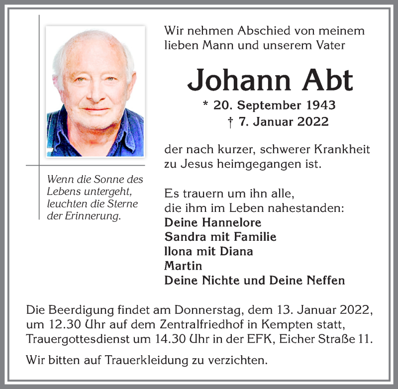  Traueranzeige für Johann Abt vom 11.01.2022 aus Allgäuer Zeitung,Kempten