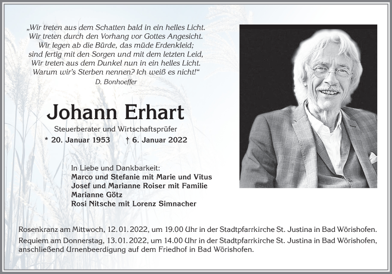 Traueranzeige für Johann Erhart vom 11.01.2022 aus Allgäuer Zeitung, Marktoberdorf