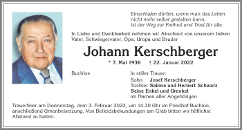 Traueranzeige von Johann Kerschberger von Allgäuer Zeitung, Kaufbeuren/Buchloe