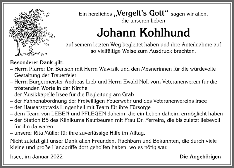 Traueranzeige für Johann Kohlhund vom 29.01.2022 aus Allgäuer Zeitung, Kaufbeuren/Buchloe