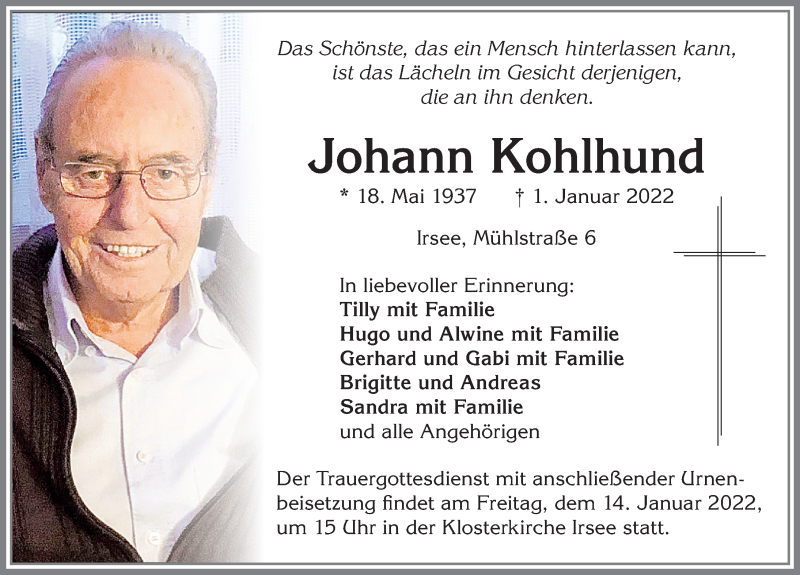  Traueranzeige für Johann Kohlund vom 08.01.2022 aus Allgäuer Zeitung, Kaufbeuren/Buchloe