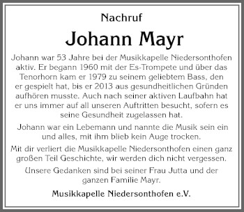 Traueranzeige von Johann Mayr von Allgäuer Zeitung