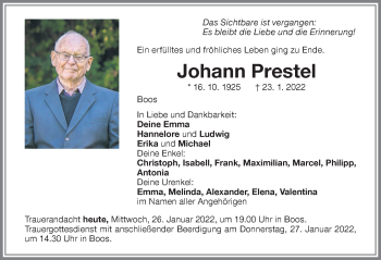 Traueranzeige von Johann Prestel von Memminger Zeitung