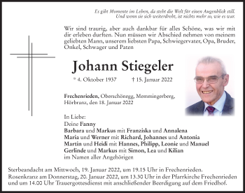 Traueranzeige von Johann Stiegeler von Memminger Zeitung