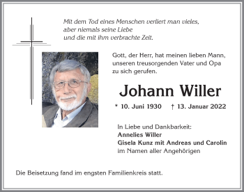 Traueranzeige von Johann Willer von Allgäuer Zeitung,Kempten