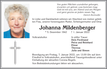 Traueranzeige von Johanna Mildenberger von Memminger Zeitung