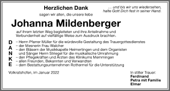 Traueranzeige von Johanna Mildenberger von Memminger Zeitung