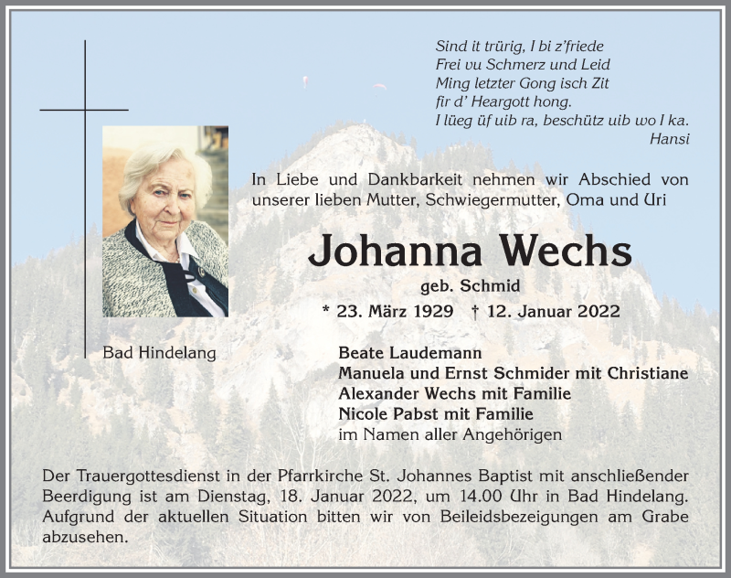  Traueranzeige für Johanna Wechs vom 17.01.2022 aus Allgäuer Anzeigeblatt