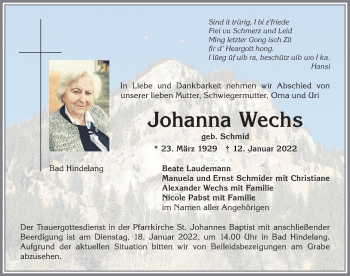 Traueranzeige von Johanna Wechs von Allgäuer Anzeigeblatt