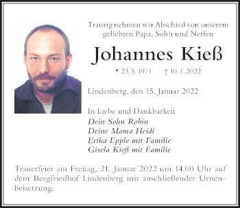 Traueranzeige von Johannes Kieß von Der Westallgäuer