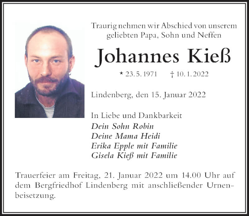  Traueranzeige für Johannes Kieß vom 15.01.2022 aus Der Westallgäuer