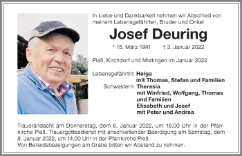 Traueranzeige von Josef Deuring von Memminger Zeitung