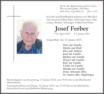 Traueranzeige von Josef Ferber von Der Westallgäuer