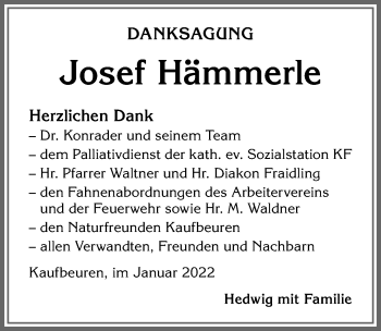 Traueranzeige von Josef Hämmerle von Allgäuer Zeitung, Kaufbeuren/Buchloe