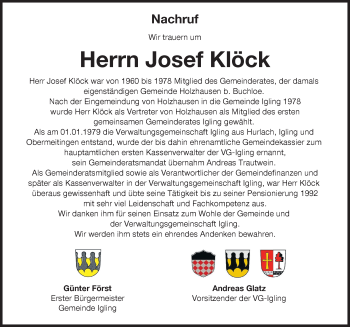 Traueranzeige von Josef Klöck von Allgäuer Zeitung, Kaufbeuren/Buchloe