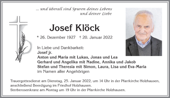 Traueranzeige von Josef Klöck von Allgäuer Zeitung, Kaufbeuren/Buchloe