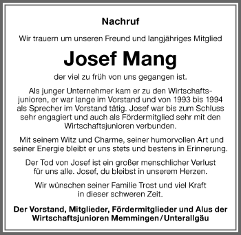 Traueranzeige von Josef Mang von Allgäuer Zeitung