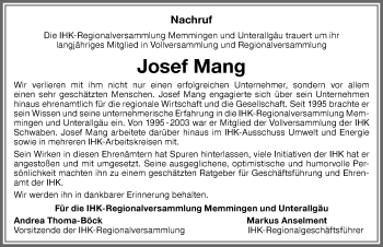 Traueranzeige von Josef Mang von Allgäuer Zeitung