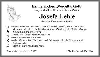 Traueranzeige von Josefa Lehle von Allgäuer Zeitung, Kaufbeuren/Buchloe